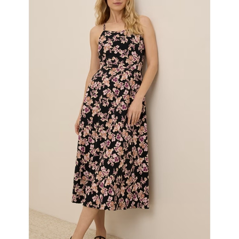 Pact Organic Cotton Fit and Flare Floral Posies Midi Dress Strappy Back Large